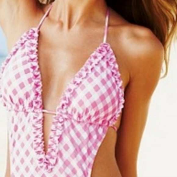 NWT Jessica Simpson Pink and White Gingham Print Monokini, Size XL - Picture 3 of 17